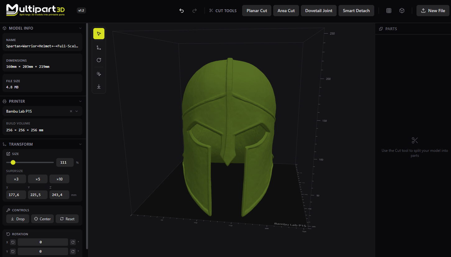 Multipart3d.com with a Spartan helmet in the Bambu Lab P1S build volume, cut tools along the top