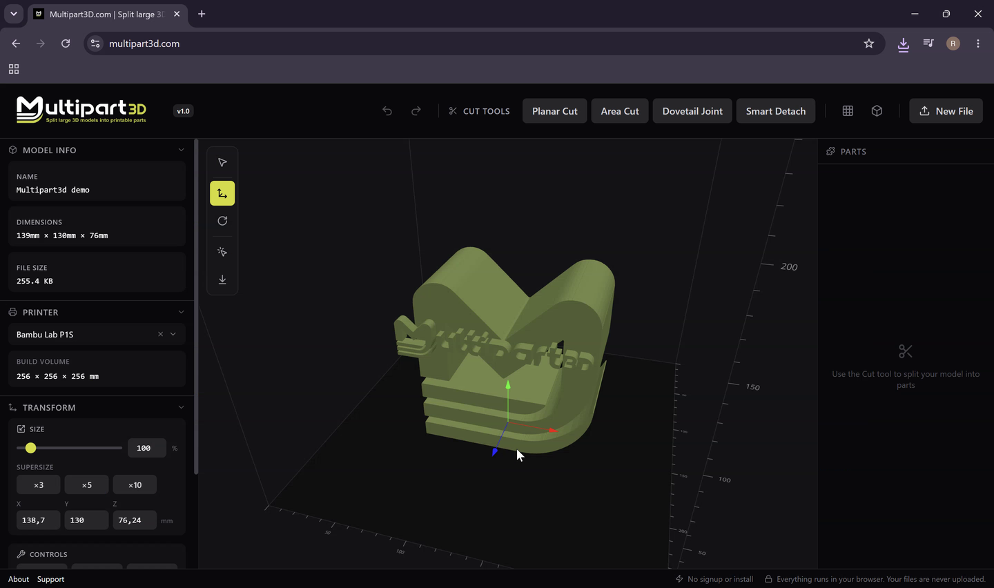 Multipart3d.com in the browser, with a model in the viewport and cut tools on the left