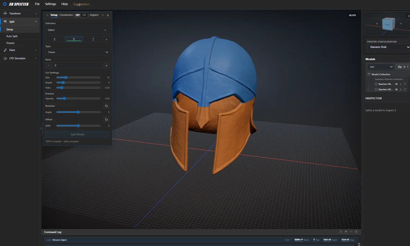 3dsplitter.com after a planar Y-axis split of the Spartan helmet into two colored parts