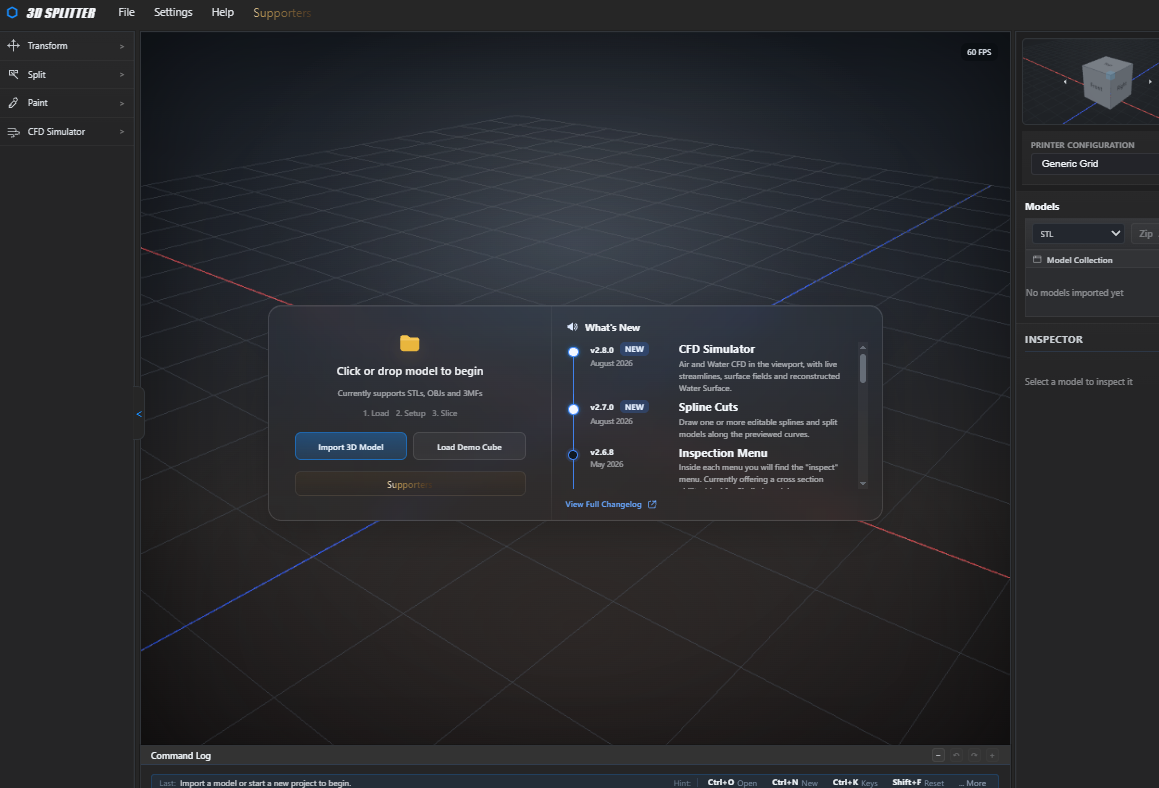 3dsplitter.com workspace with split tools, a 3D viewport, and printer presets
