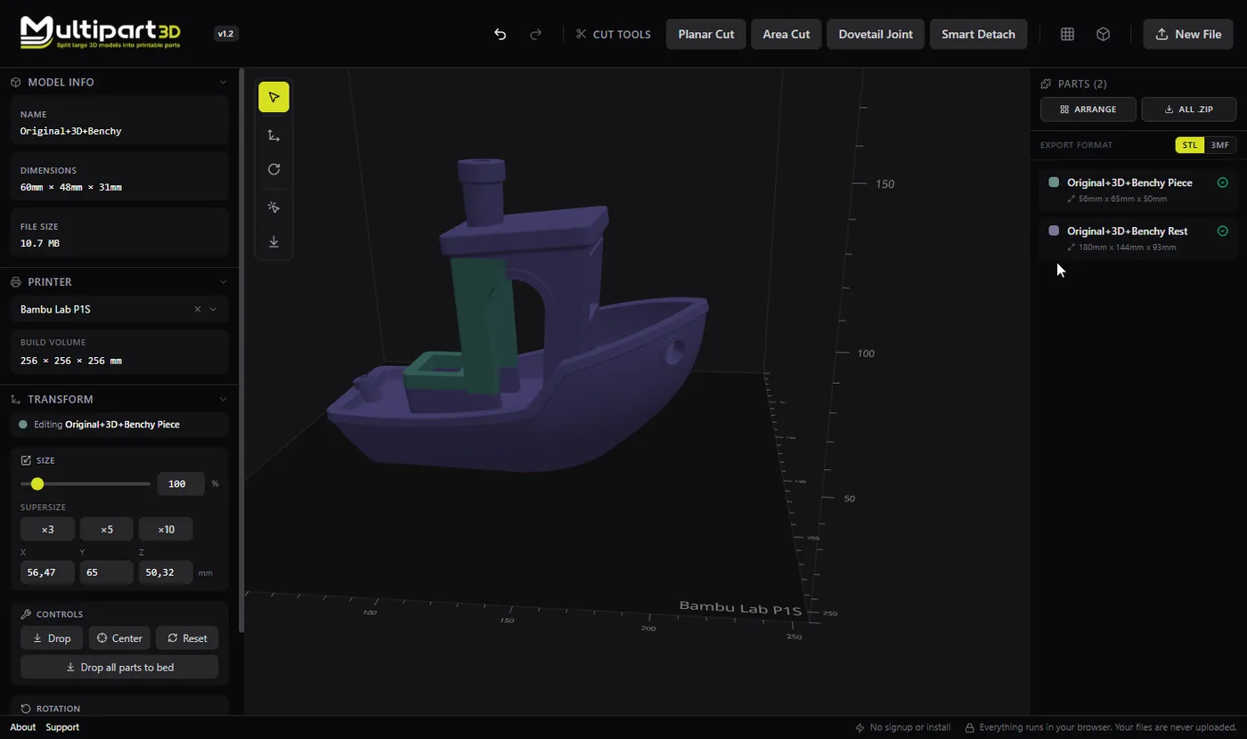 Area cut result with the windowed Benchy piece as its own part