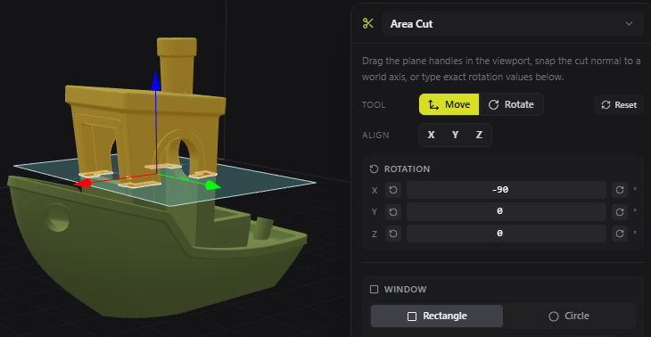 Area cut with a rectangular window in Multipart3D