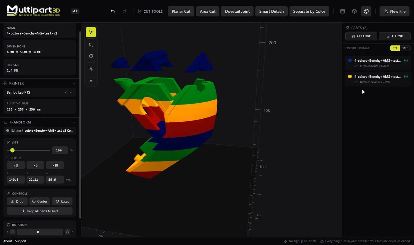 Painted Benchy after color-separate, with cabin pieces split off the hull