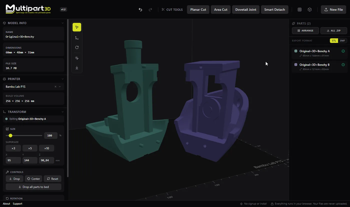 Two Benchy halves with matching plug and socket connectors on the cut faces