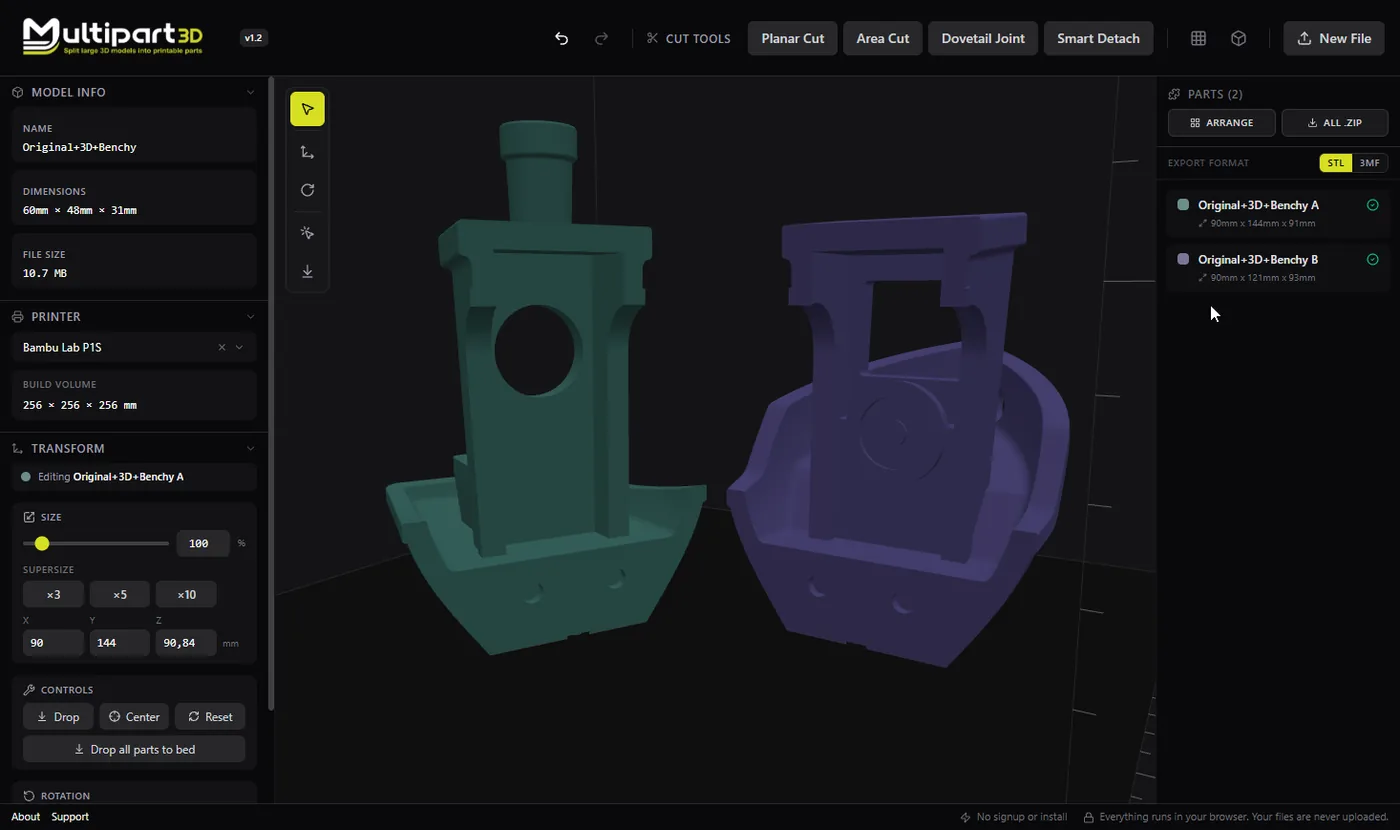 Split Benchy parts after magnet connectors, listed for export