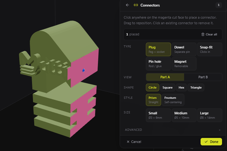 Connector placement on a cut face in Multipart3D