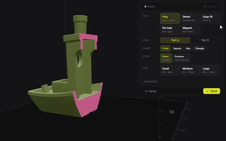 Connector placement on a cut face in Multipart3D