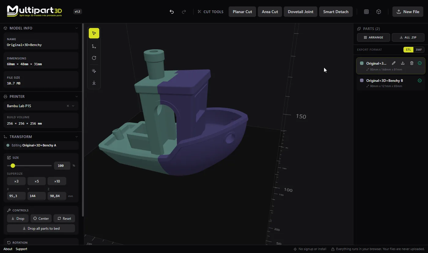 Benchy split by a dovetail cut into two colored interlocking halves