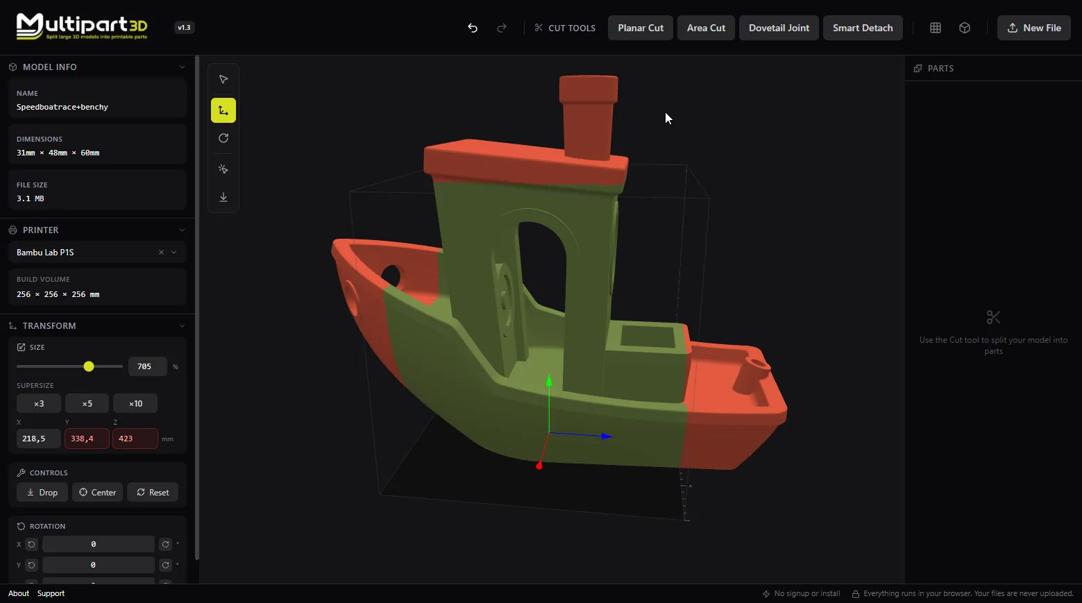 Benchy loaded in Multipart3D on a Bambu Lab P1S with a 256 mm bed, before any cut