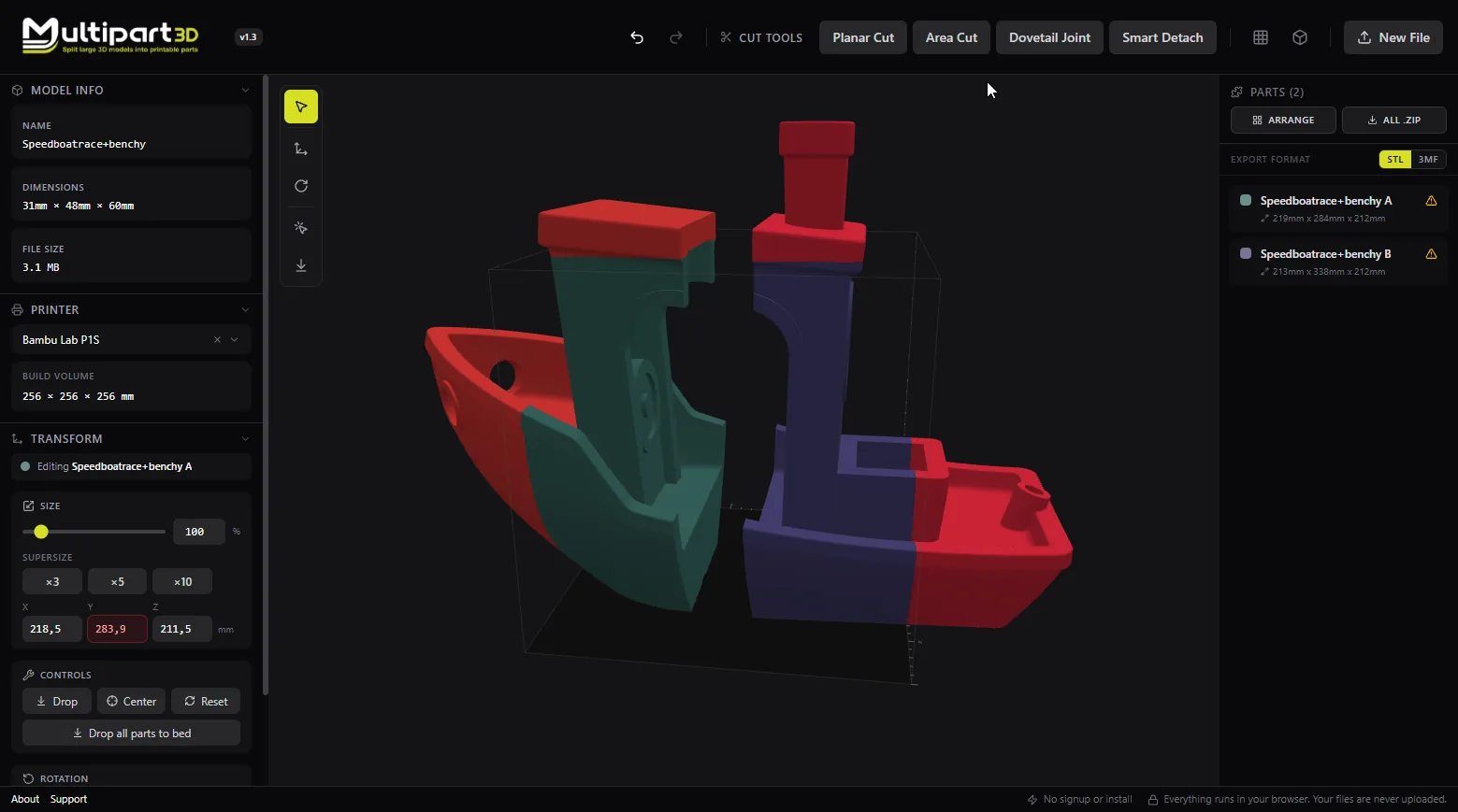 Benchy after a planar cut in Multipart3D, split into two parts and listed for export