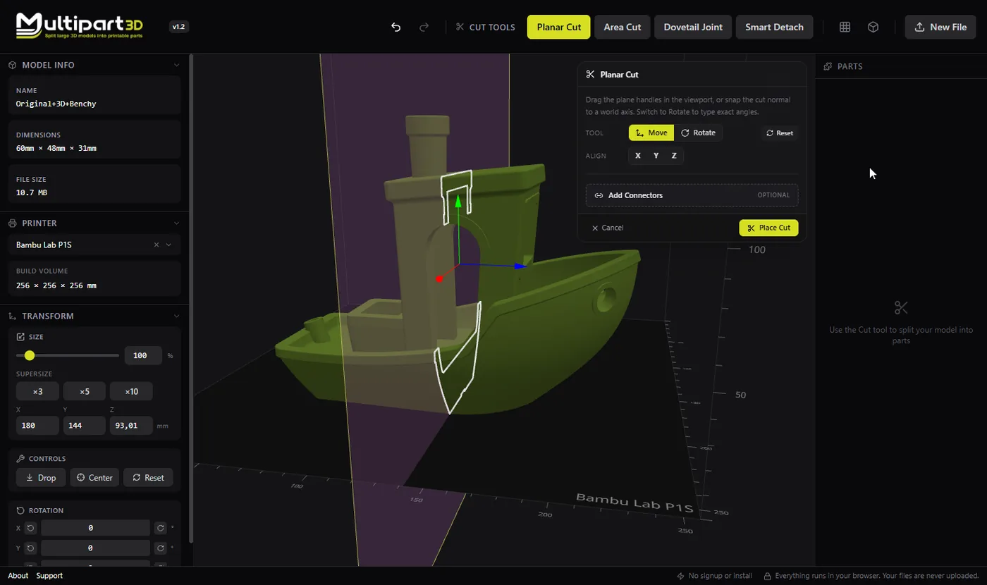 Planar cut through a 3D model in Multipart3D